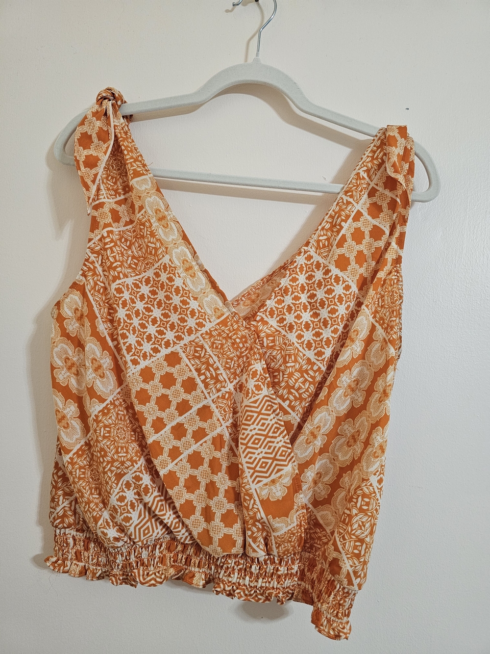 Rose & Olive Medium Orange Patchwork V-Neck Tie-Shoulder Tank